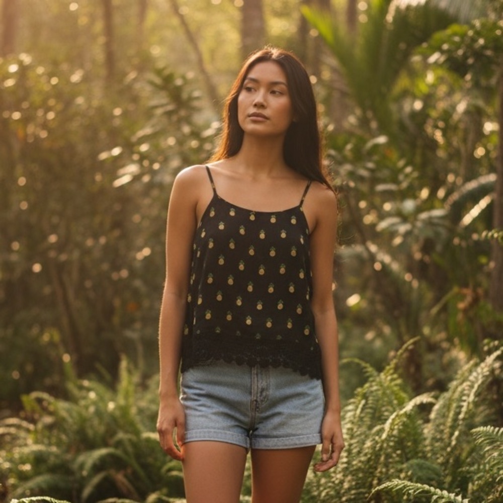 Mo:Vint – Lace Hem Pineapple Cami Tank
Navy / L / EUC 🍍